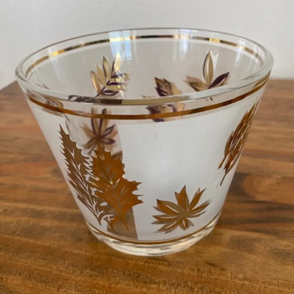 Vintage Libbey MCM Round Gold Leaf Ice Bucket